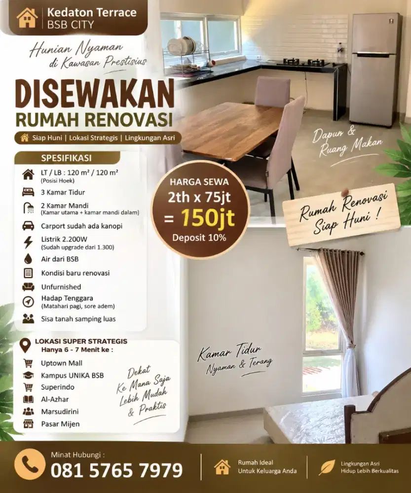 DISEWAKAN KEDATON TERRACE MURAH 2LT MEWAH BARU CEPAT SEGERA