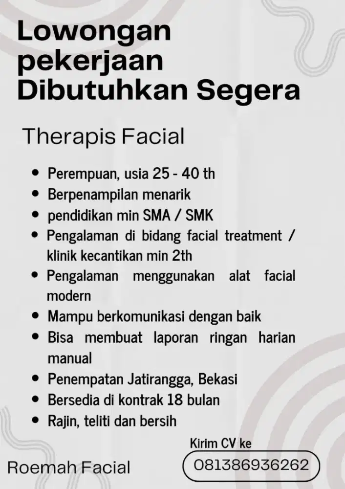 Dicari terapis facial berpengalaman