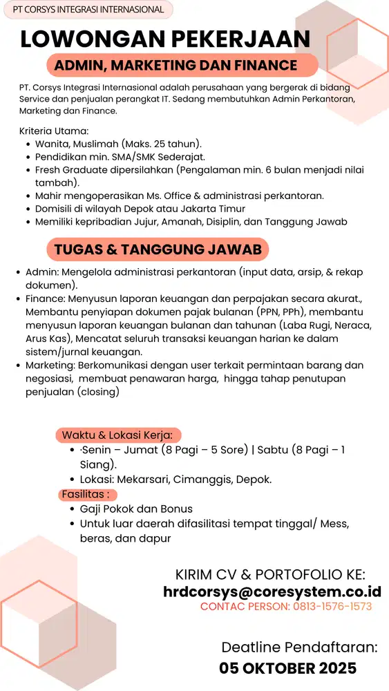 Lowongan Pekerjaan Posisi Administrasi, Marketing dan Finance