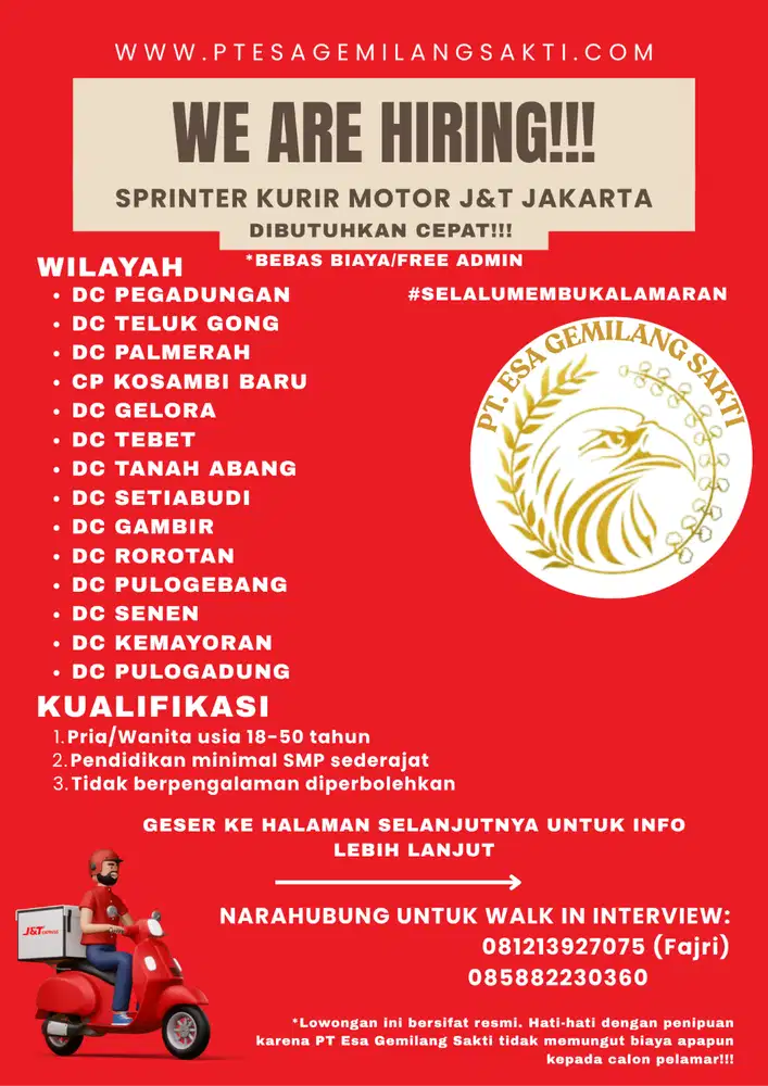 SPRINTER KURIR J&T ALL AREA ADMINISTRASI JAKARTA