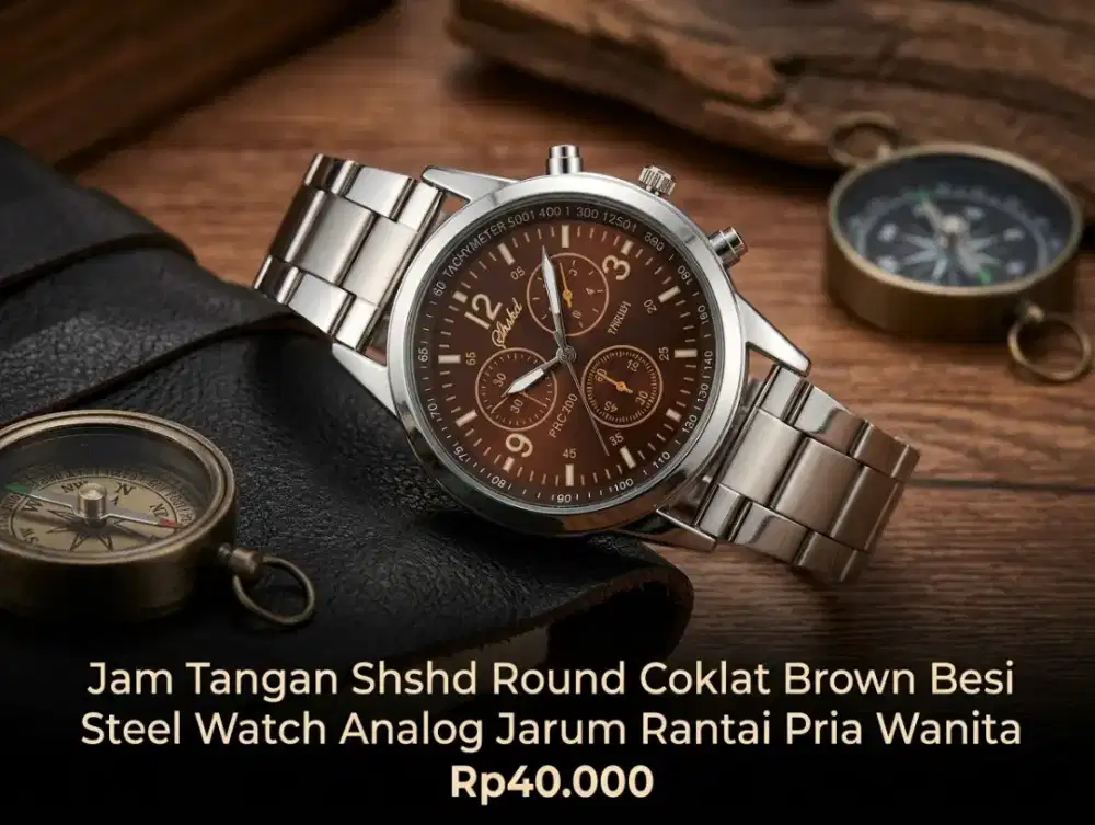 Jam Tangan Shshd Round Coklat Brown Besi Steel Analog Pria Wanita