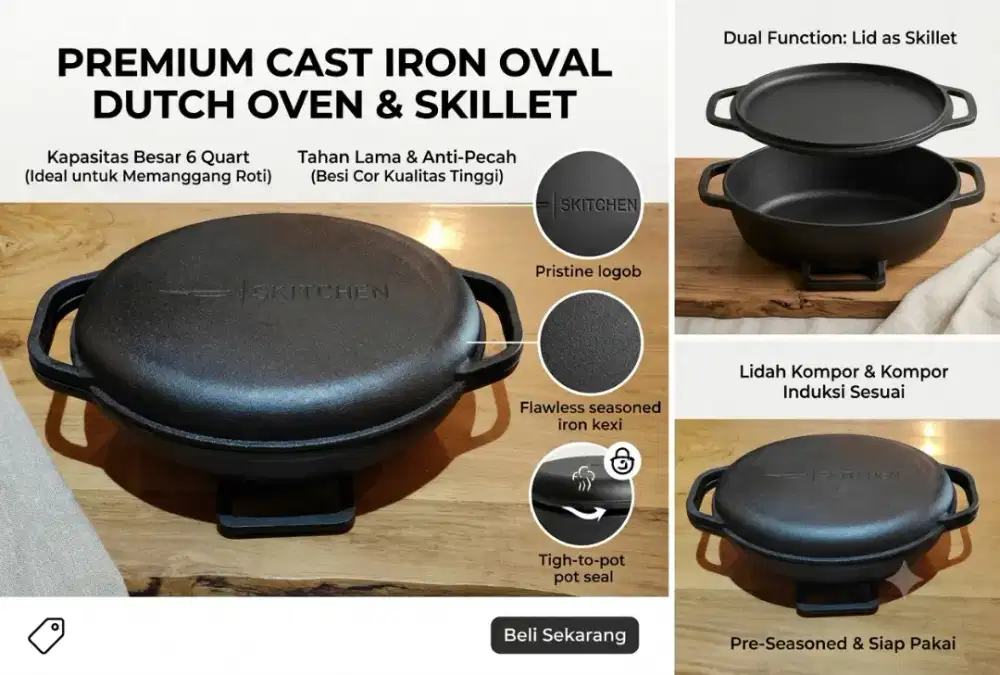Skitchen 2-in-1 Oval Cast Iron Dutch Oven & Skillet