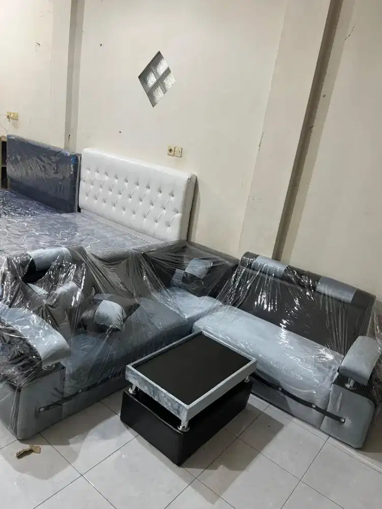 READY SOFA L KOMBINASI KULIT DAN BLUDRU TERMURAH