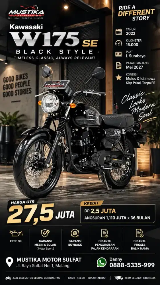 Kawasaki W175 SE 2022 Blackstyle. Km 16rb. DANNY Mustika Motor Sulfat