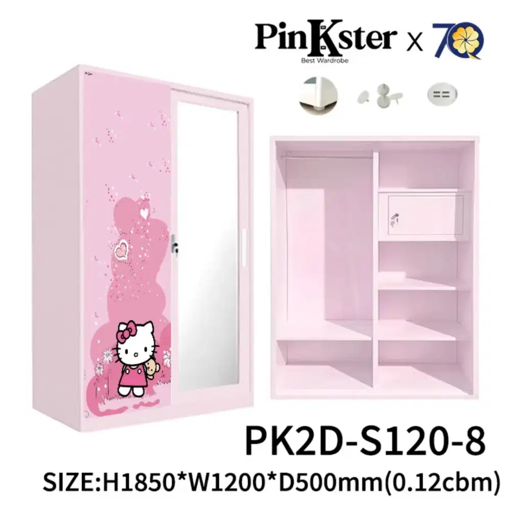 Lemari Pakaian Sliding Besi Hello Kitty Pink