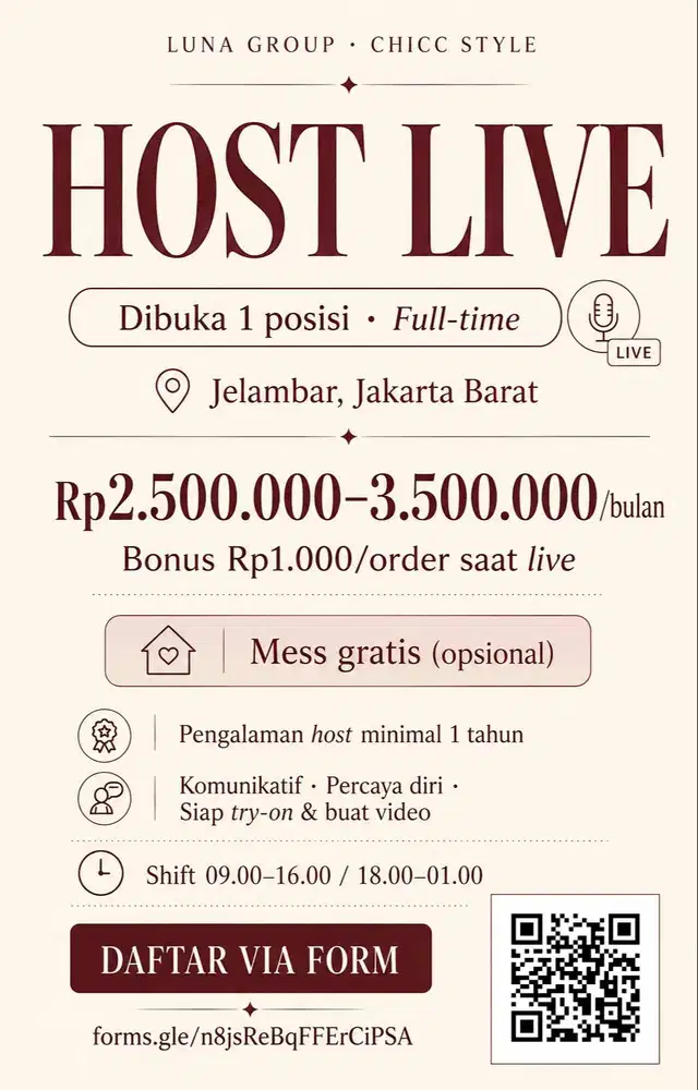 Host Live Shopee TikTok Chicc Style - Jelambar - Mess Gratis