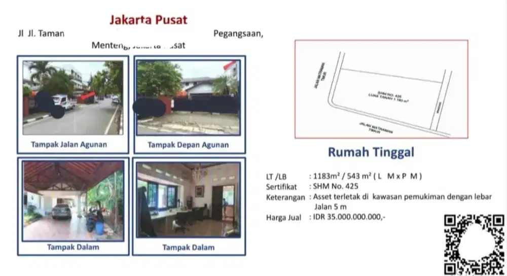 Dijual Rumah 1 Lantai Jalan Taman Pegangsaan Menteng