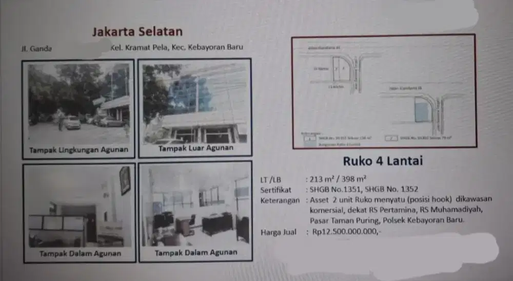 Dijual 2 Ruko Gandeng 4 Lantai Gandaria Kebayoran Baru