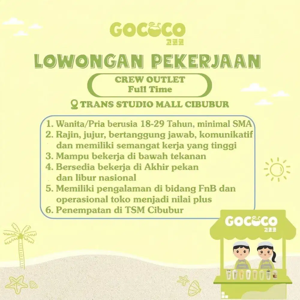 LOWONGAN PEKERJAAN FULL TIME CREW OUTLET PENJAGA TOKO FNB TSM CIBUBUR