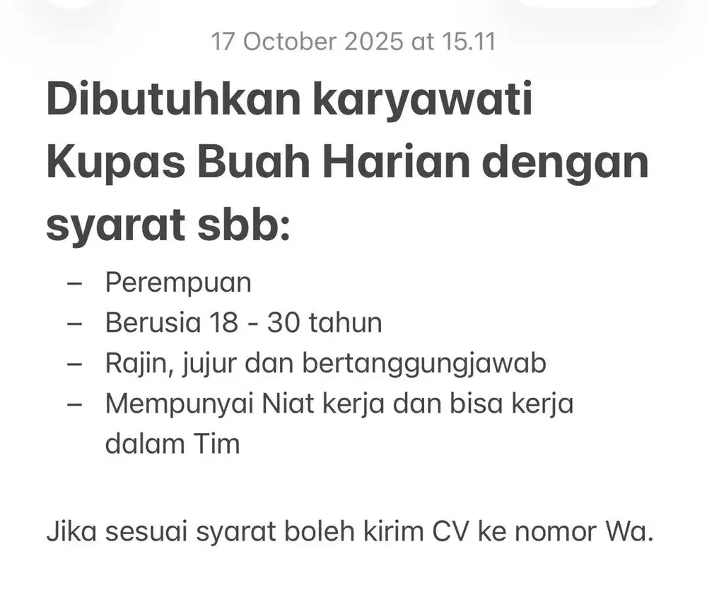 Dibutuhkan Karyawati Harian Kupas Buah