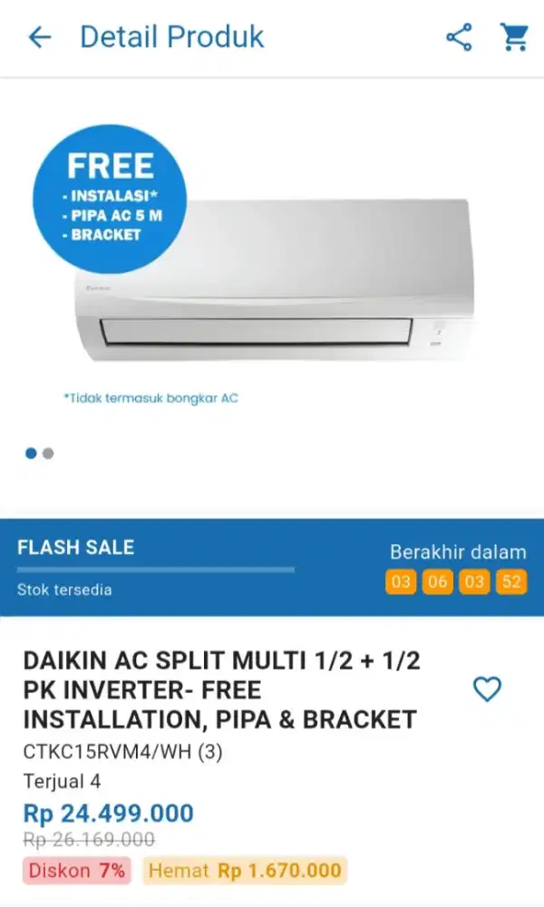 CICILAN DAIKIN AC SPLIT MULTI 1/2 + 1/2 PK INVERTER – FRE INSTALATION
