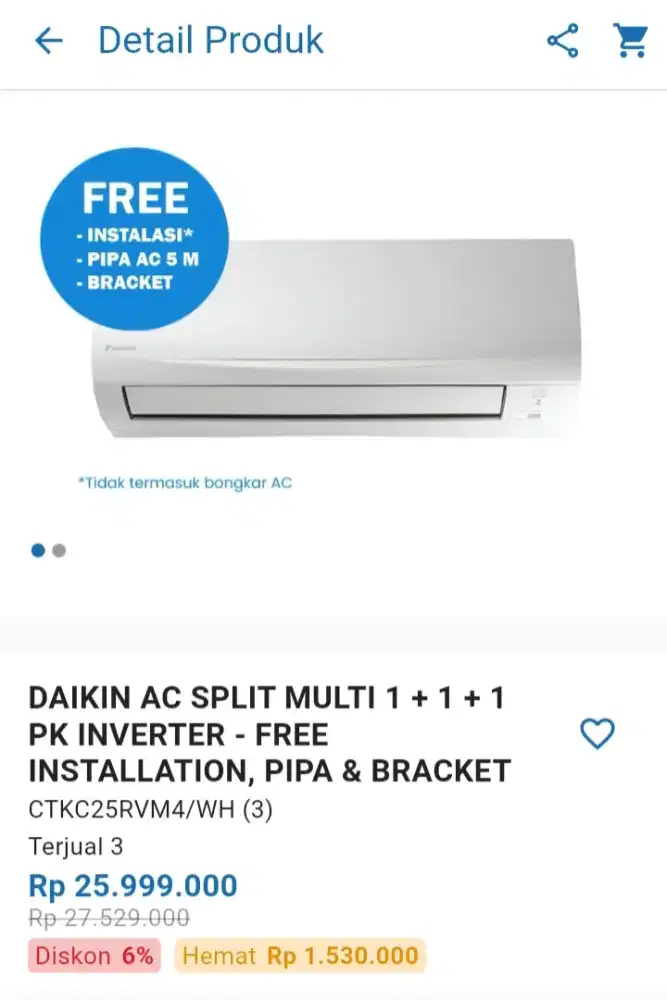 CICILAN DAIKIN AC SPLIT MULTI 1+1+1 PK INVERTER – FREE INSTALLATION