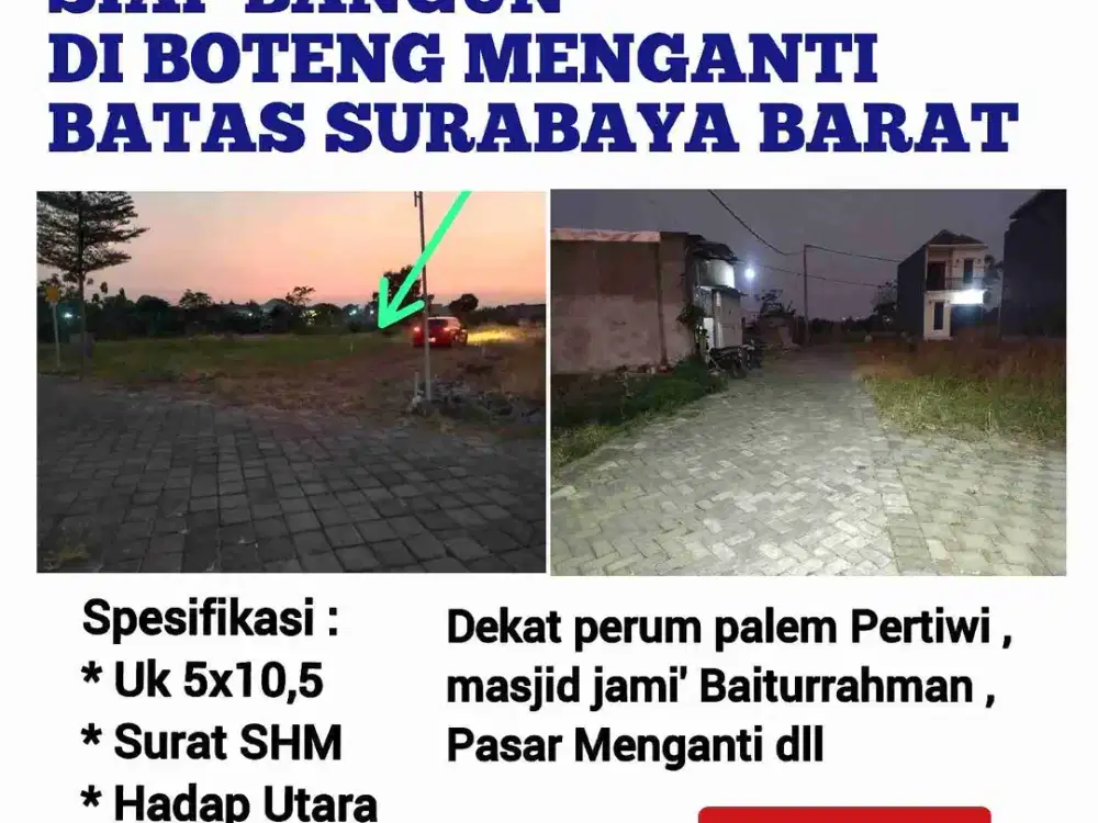 Dijual Tanah SHM di Boteng Menganti Gresik Siap Bangun Bebas Banjir