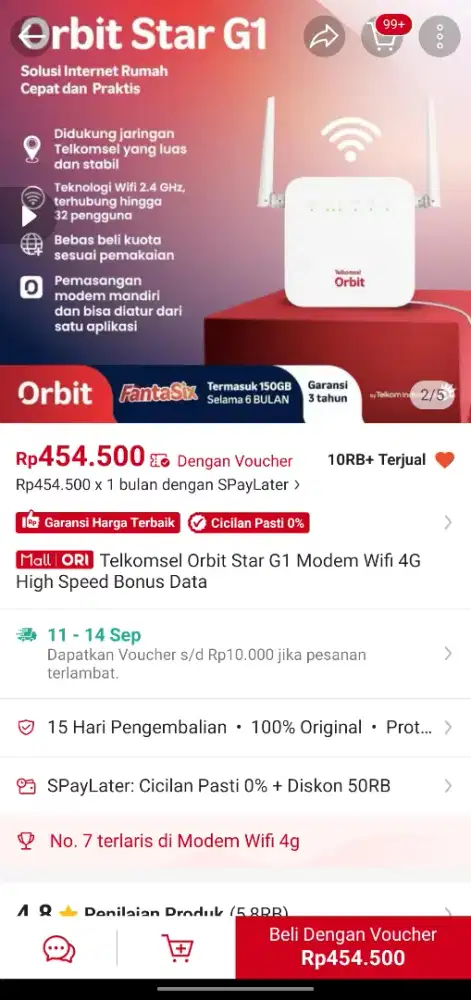 Modem WiFi Telkomsel Orbit Star G1 Second Mulus Fullset Siap Pakai