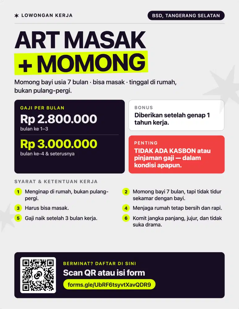 Dicari ART MOMONG MENGINAP daerah BSD