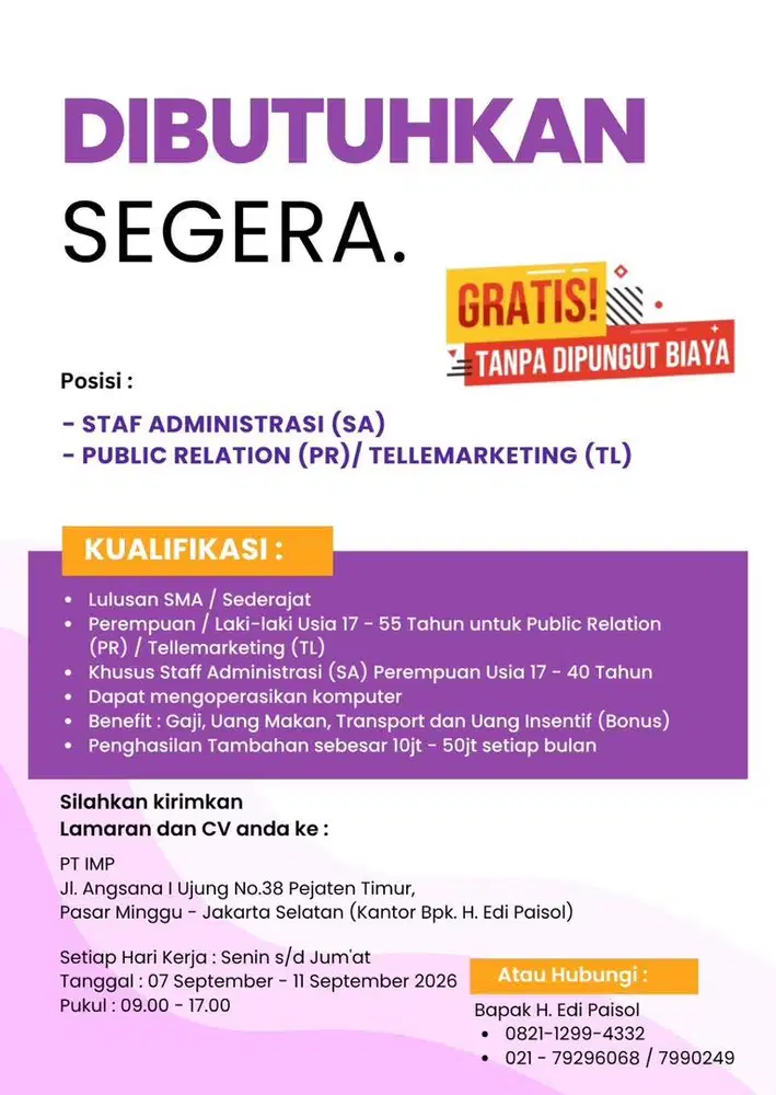 DIBUTUHKAN SEGERA !!!