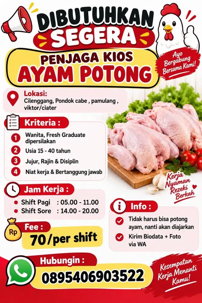 DIBUTUHKAN SEGERA JAGA KIOS AYAM POTONG