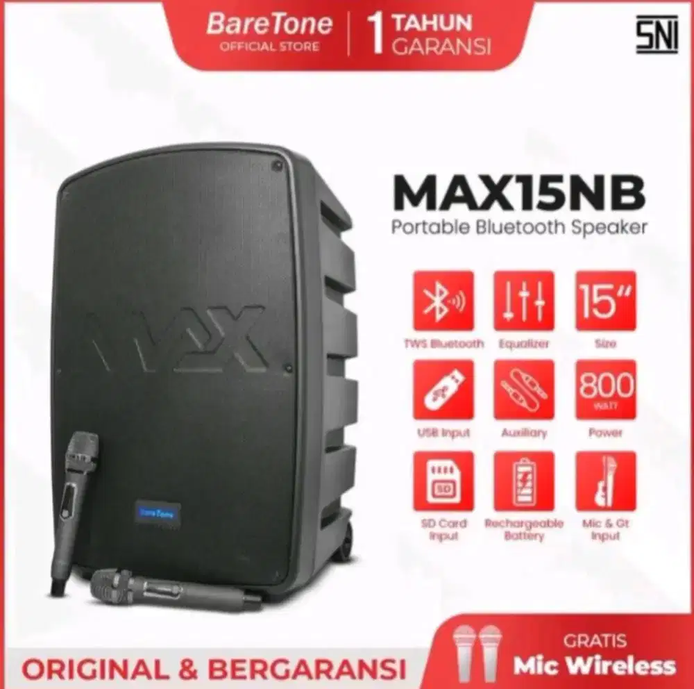 Speaker portable 15 inch bluetooth baretone max15nb 800watt