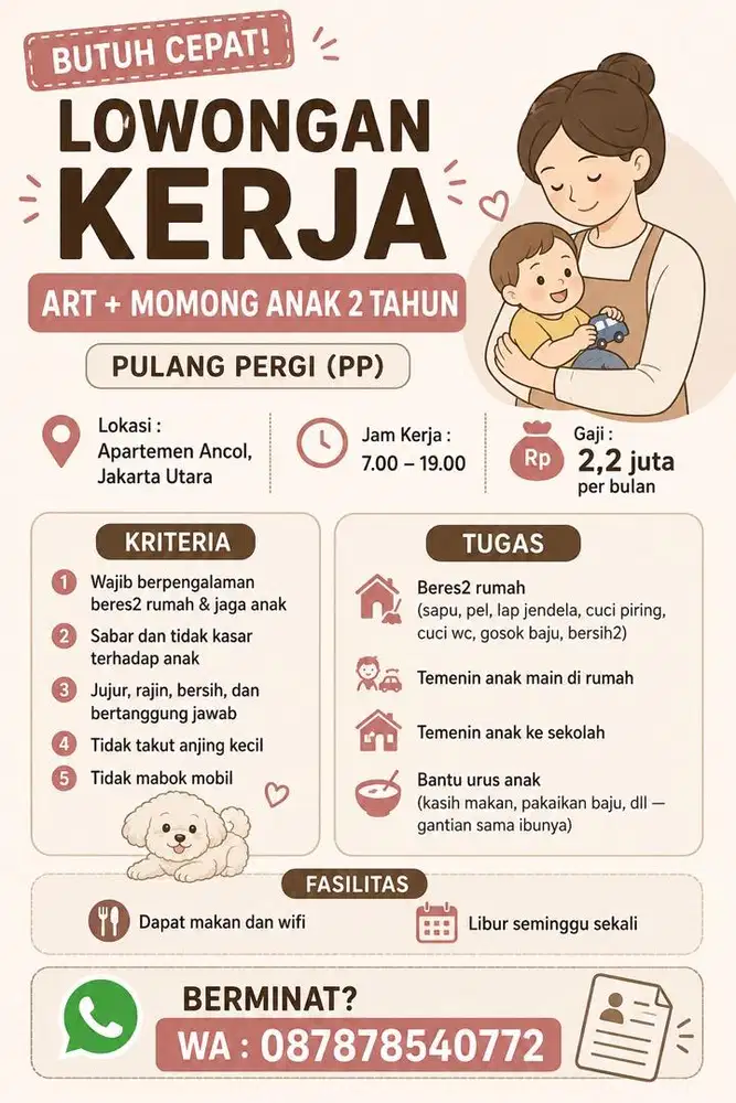LOWONGAN KERJA ART MOMONG PADEMANGAN, ANCOL, KEMAYORAN, SUNTER