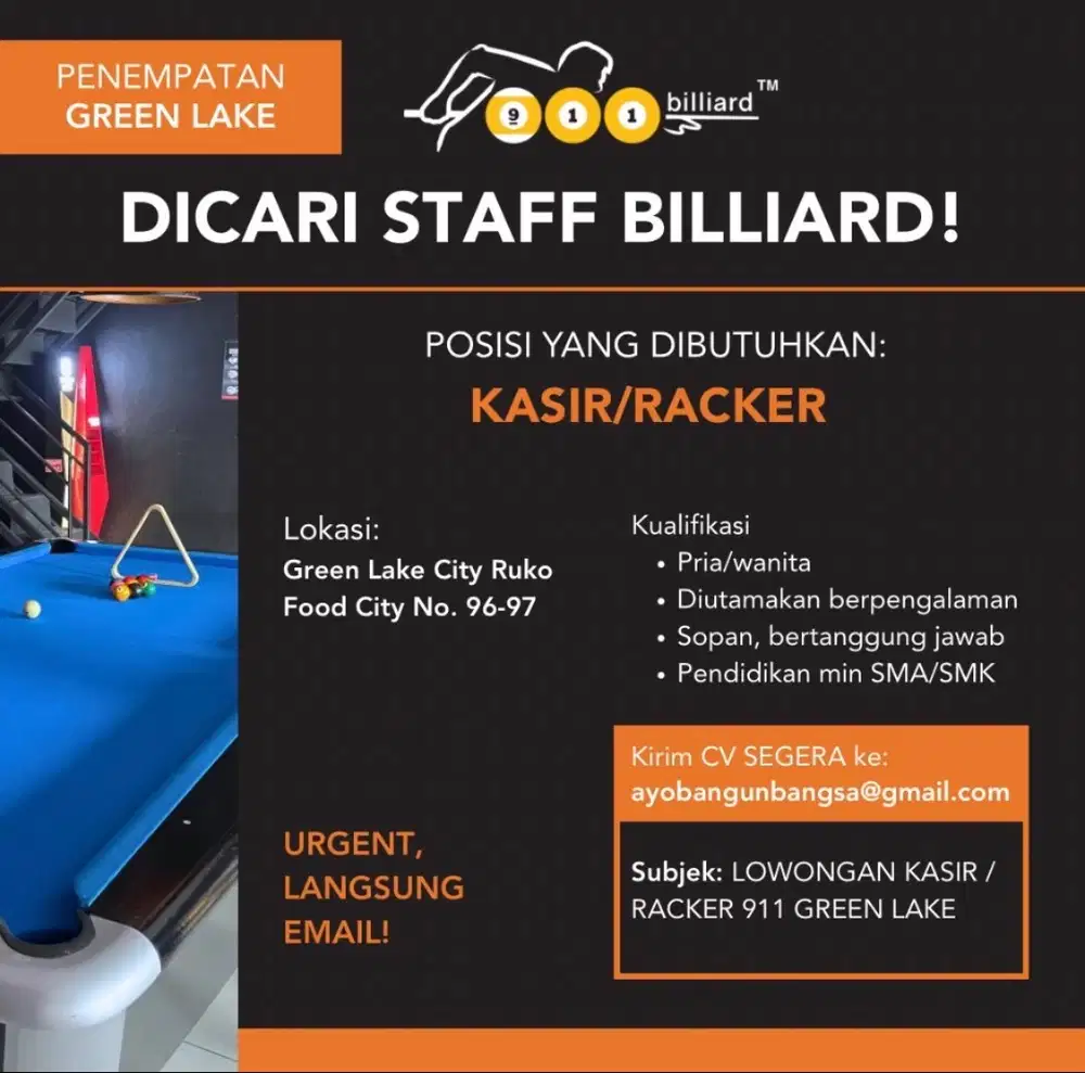 Lowongan RACKER & KASIR 911 Billiard Greenlake
