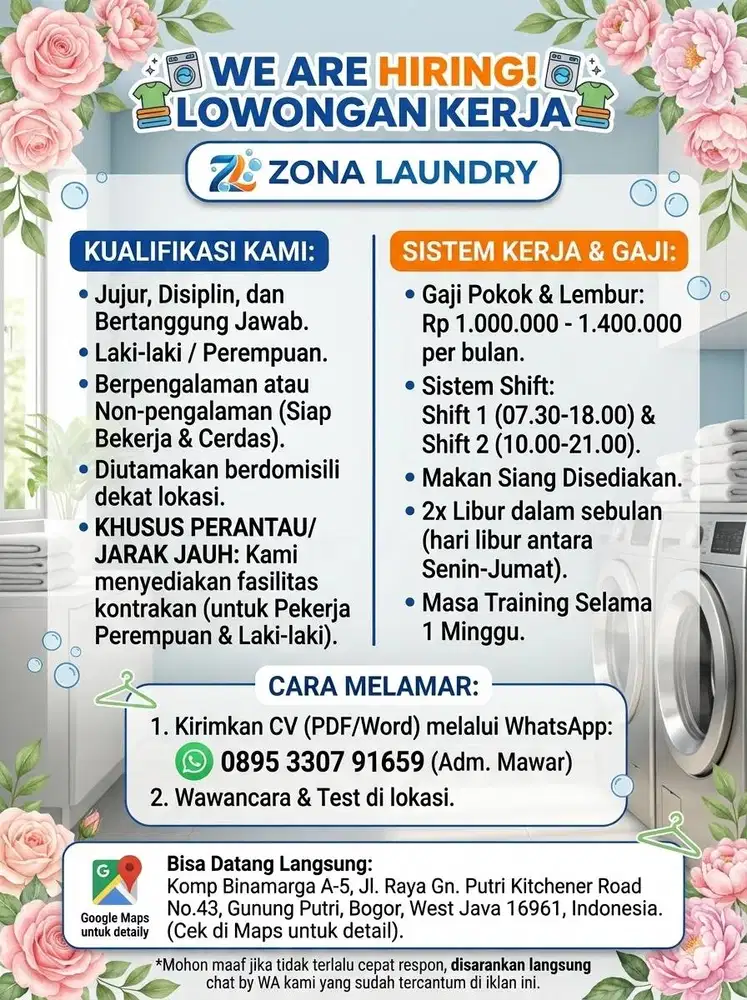 LOWONGAN KERJA LAUNDRY ZONA GUNUNG PUTRI KABUPATEN BOGOR
