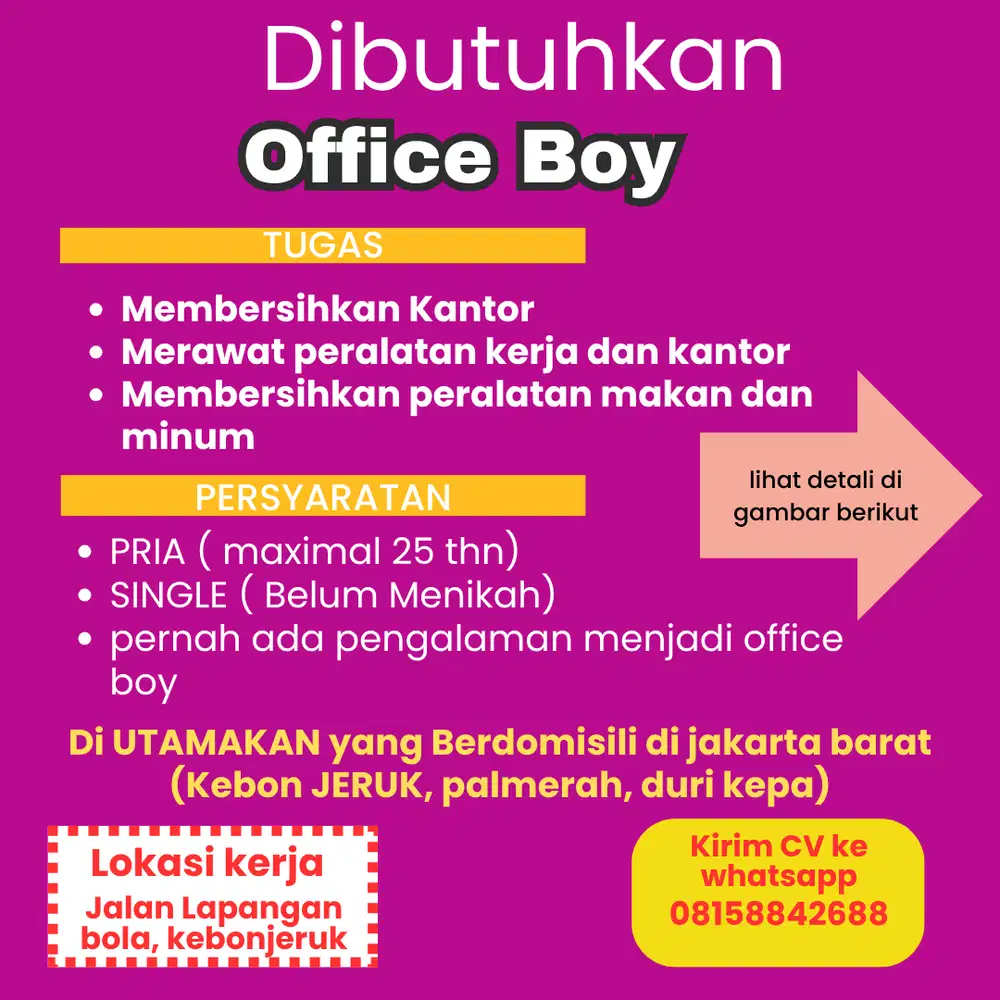 Dibutuhkan office boy daerah kebon jeruk jakarta barat dekat MNC tower