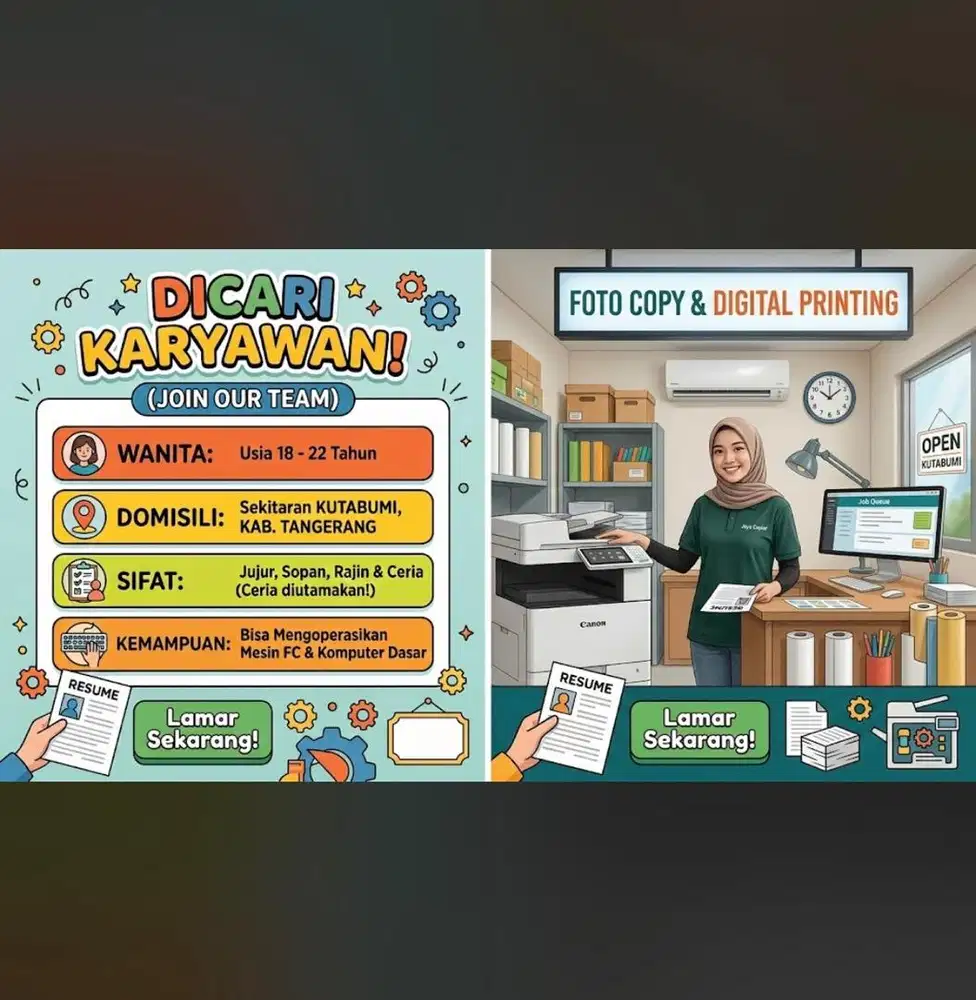 Dicari karyawan untuk toko foto copy