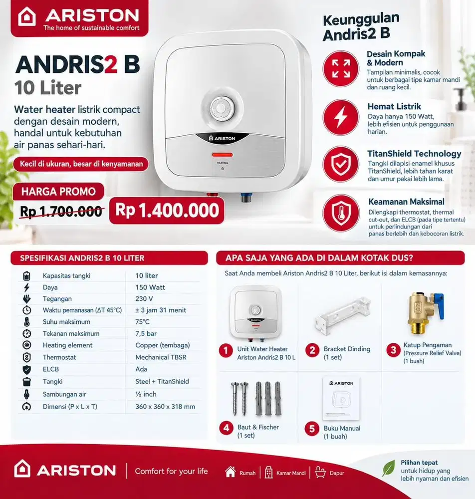 Water heater ariston andris2B low watt, segel baru, diskon