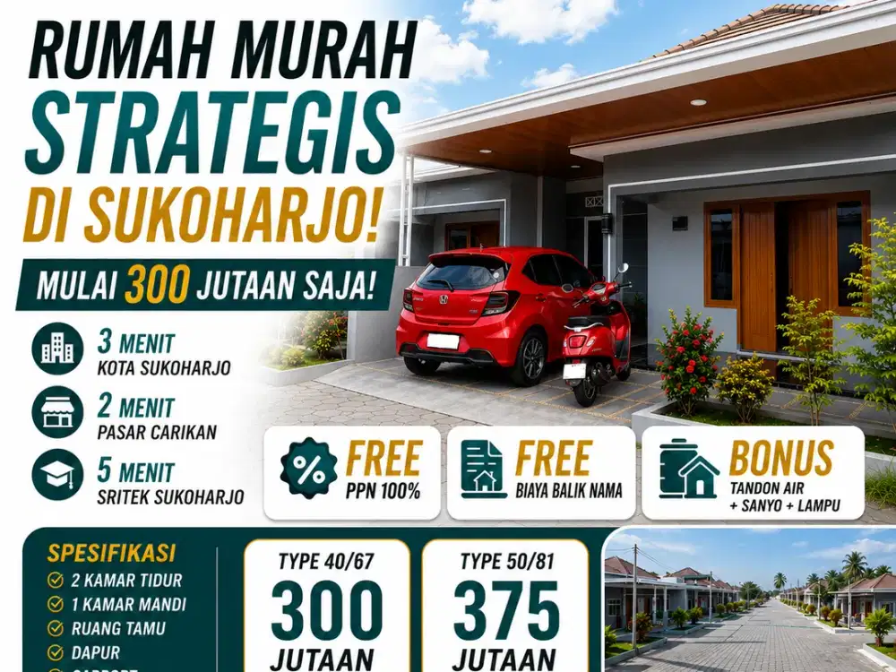 RUMAH BARU CLUSTER SUKOHARJO MULAI 300 JUTAAN! FREE PPN & BALIK NAMA