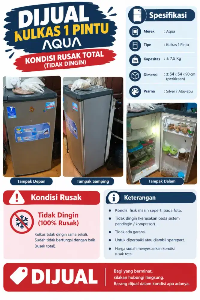 Kulkas 1 Pintu Aqua (Rusak Tidak Dingin)