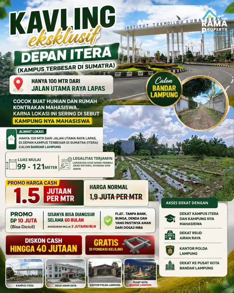 NVESTASI TANAH DEKAT ITERA — HARGA PROMO 1,5 JUTA/M²
