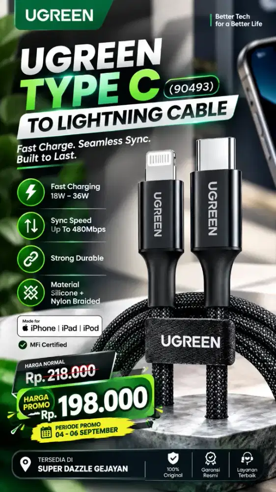 UGREEN TYPE C TO LIGHTNING MFI CABLE (90493)