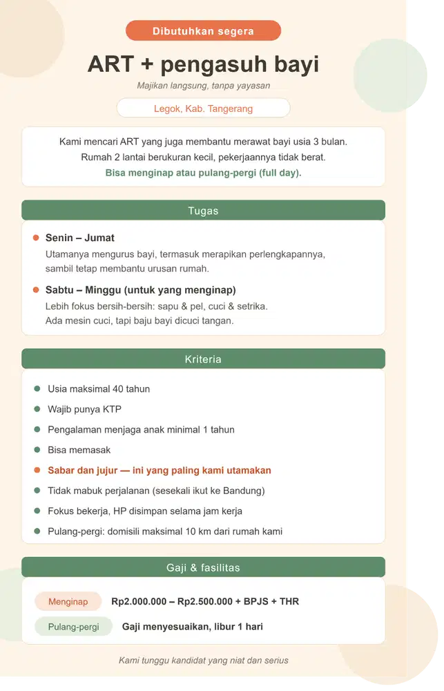 DICARI: ART + Pengasuh Bayi (Majikan Langsung, Tanpa Yayasan)