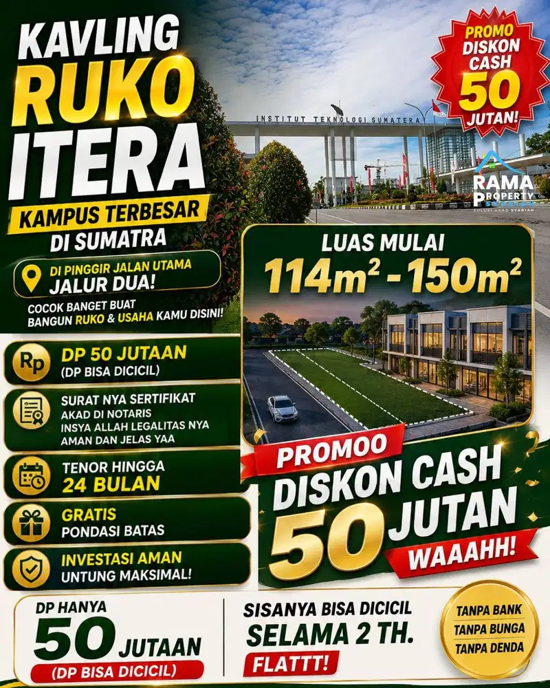 Kavling Ruko di Jalur Utama ITERA – Diskon Cash Hingga 50 Juta!