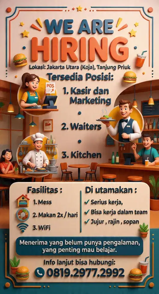Info loker bagian kasir, waiters, poles, cuci mobil