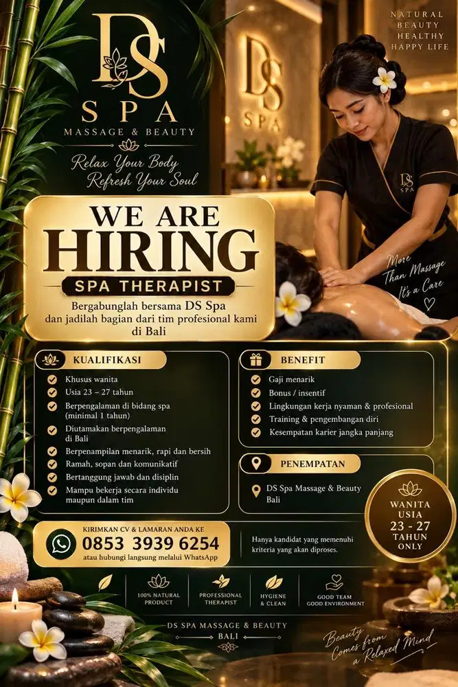 Di cari karyawan wanita bekerja di spa dan masassage