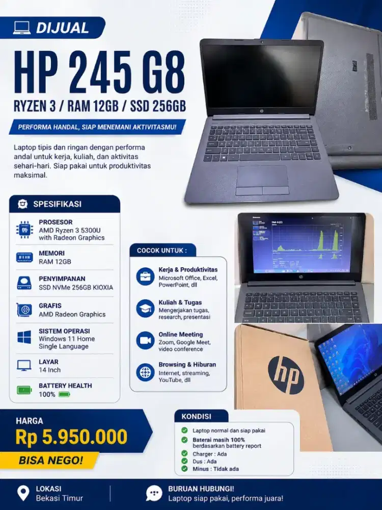 DIJUAL HP 245 G8 – RYZEN 3 / RAM 12GB / SSD 256GB