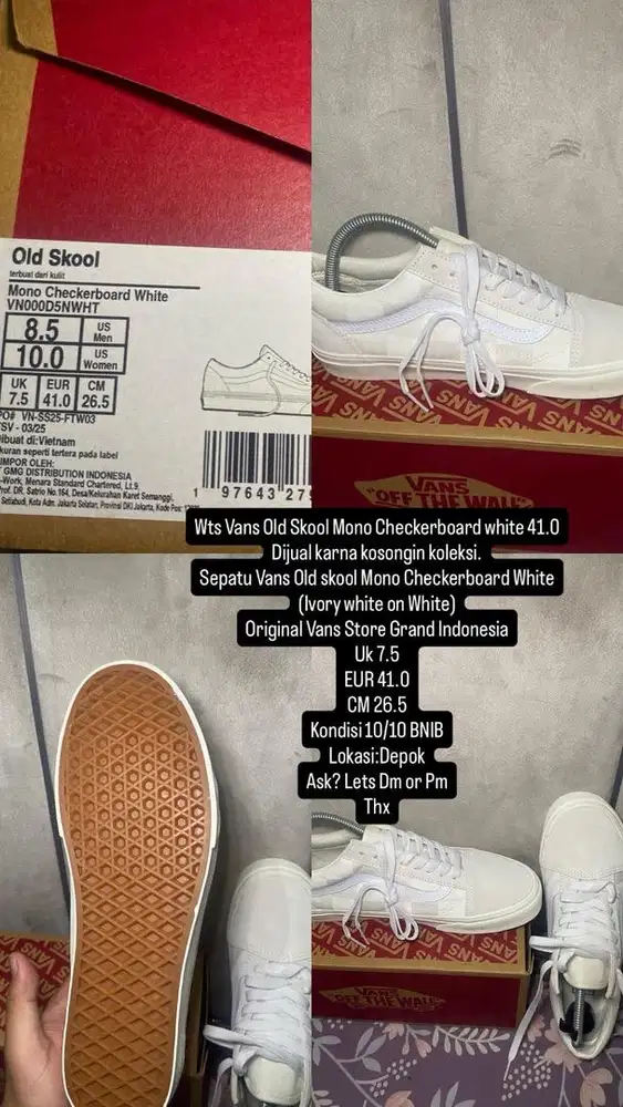 Vans Oldskool Mono Checkerboard Whote Sz 41