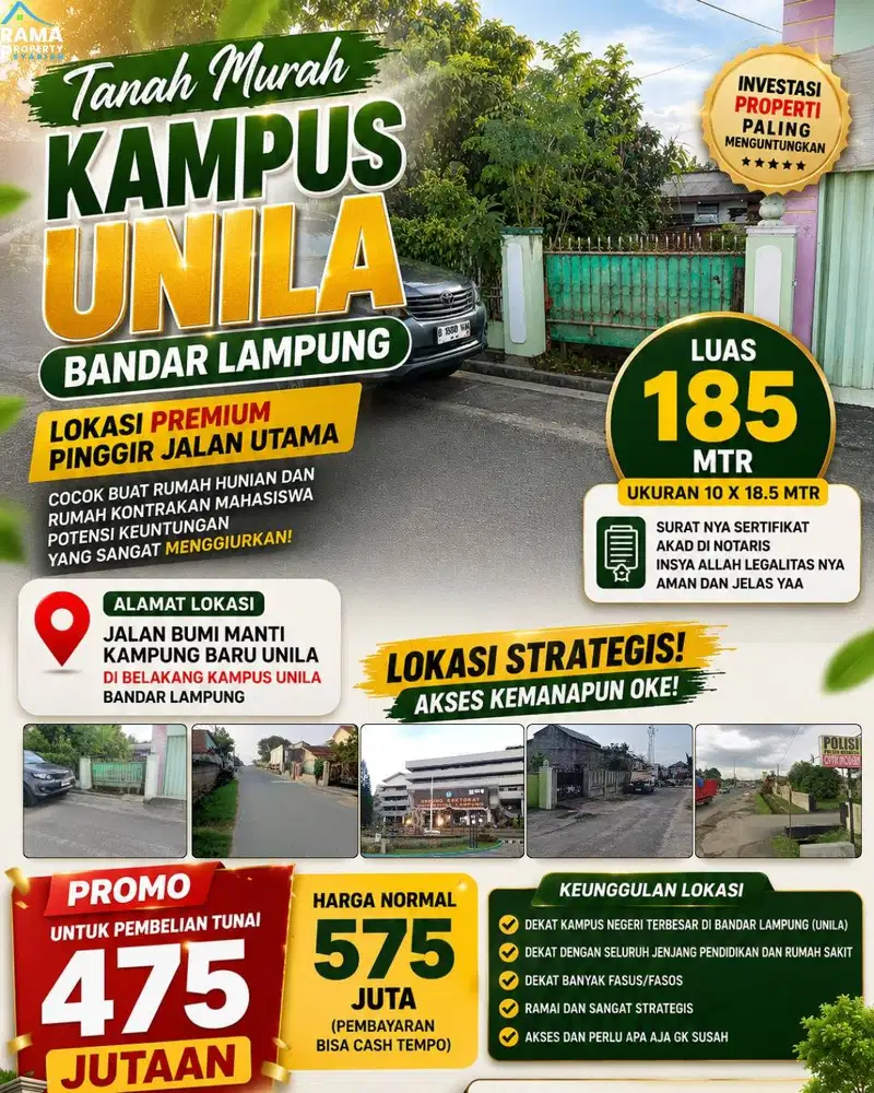 Tanah 185 M² Belakang Kampus UNILA – Cocok Rumah & Kos Mahasiswa