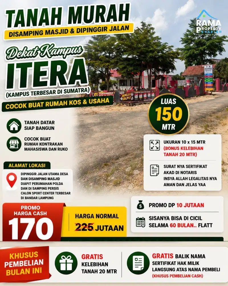 Tanah Strategis Dekat ITERA 150 M² – Cocok Kos, Kontrakan & Ruko
