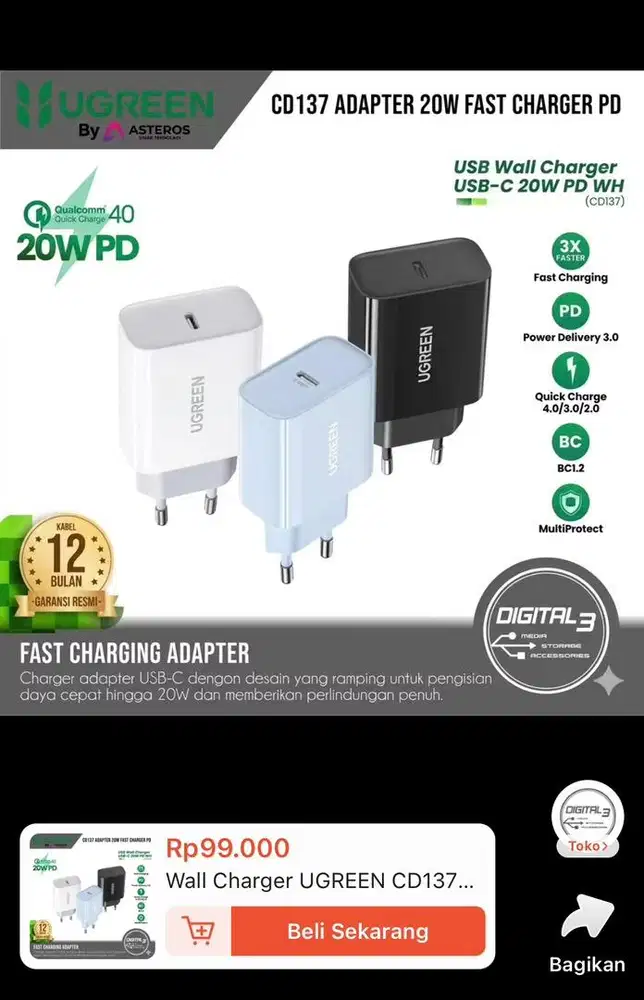 Kepala charger Ugreen 20watt original (second)