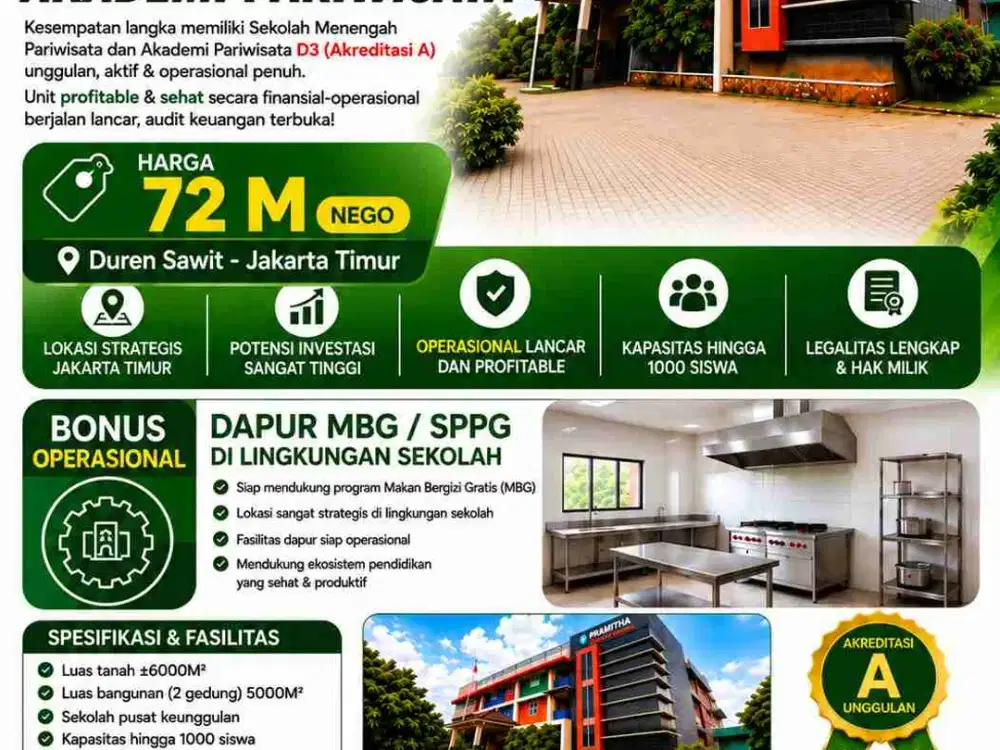 Dijual Gedung dan Yayasan Sekolah Aktif dan bonus operasional SPPG / MBG (Langsung Owner)