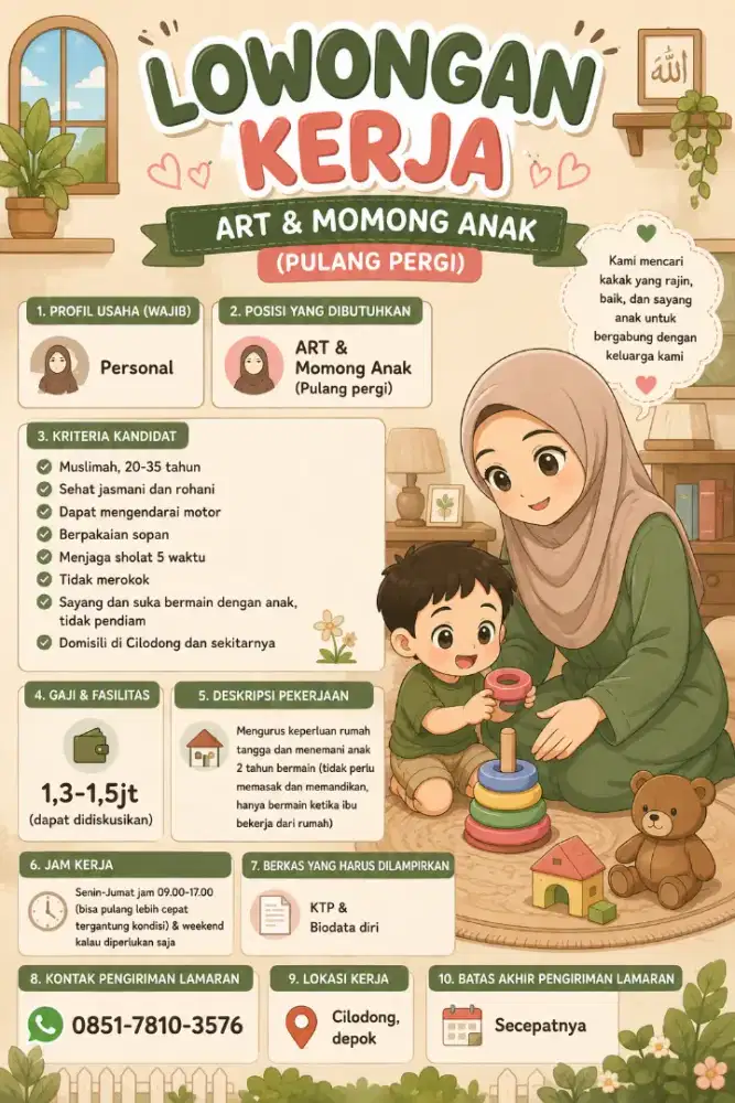 Lowongan ART dan momong (Pulang Pergi)
