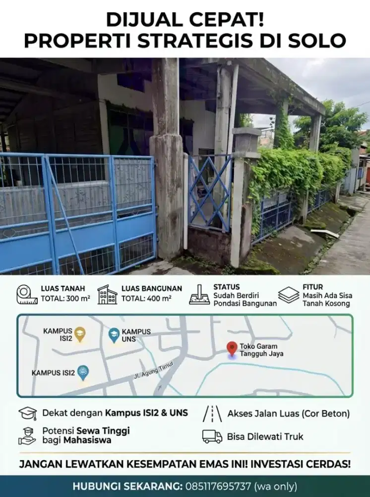 Tanah & Rumah SHM milik sendiri 310m2, bonus lahan. dekat kampus uns