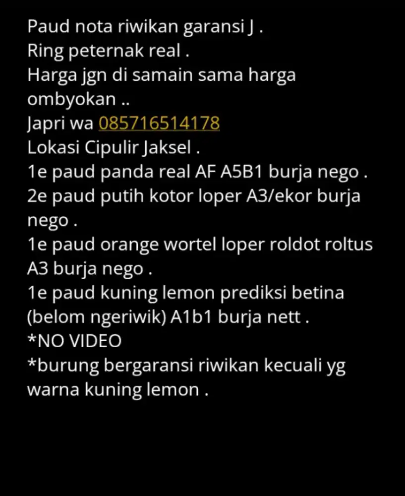 Kenari nota garansi jantan