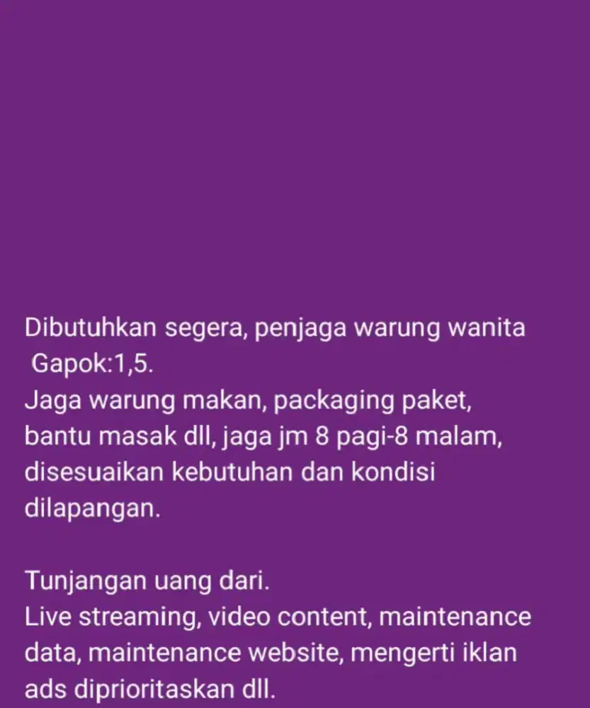 Lowongan penjaga warung kota baru Bekasi barat