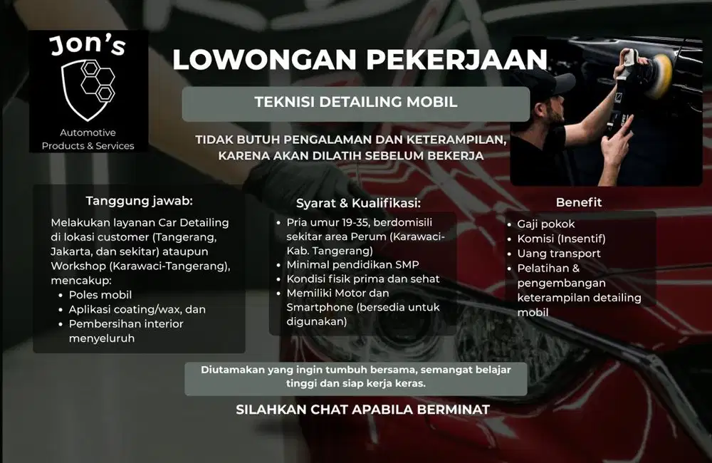 Lowongan Kerja: Teknisi Detailing Mobil (Non Pengalaman Bisa)