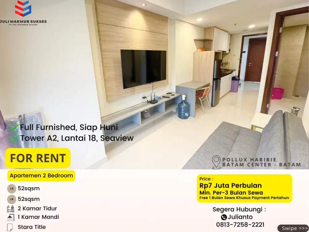 Disewa Apartemen 2BR Full Furnished di Pollux Habibie Batam Center