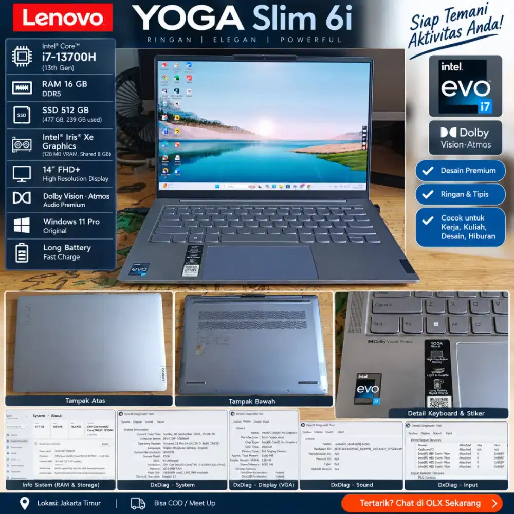 Lenovo Yoga Slim 6i i7-13700H RAM 16GB SSD 512GB Fullset Mulus