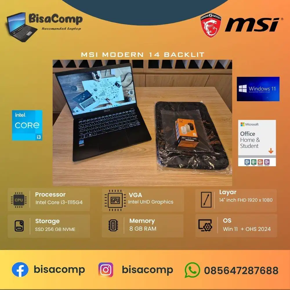 MSi Modern 14 Core i3 11th Gen SSD 256gb Ram 8gb 14inchFHD Backlit